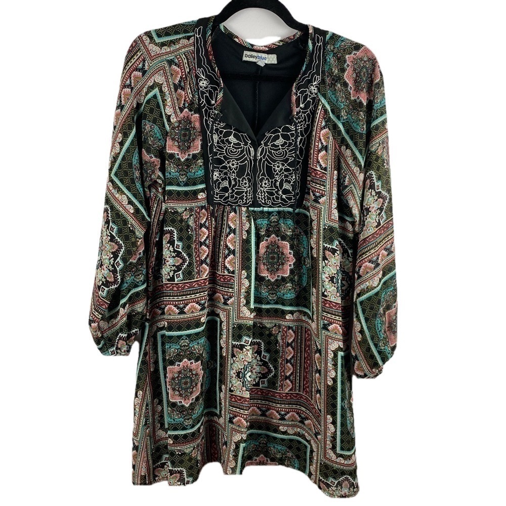 ✨3/$21✨ Bailey Blue Boho Paisley Tunic Dress Embroidered Split Neck Large